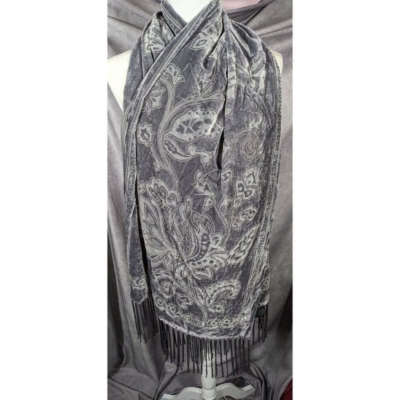 Style & Co Grey Gothic Floral Velvet Burnout Scarf With Fringe - Picture 8 of 11